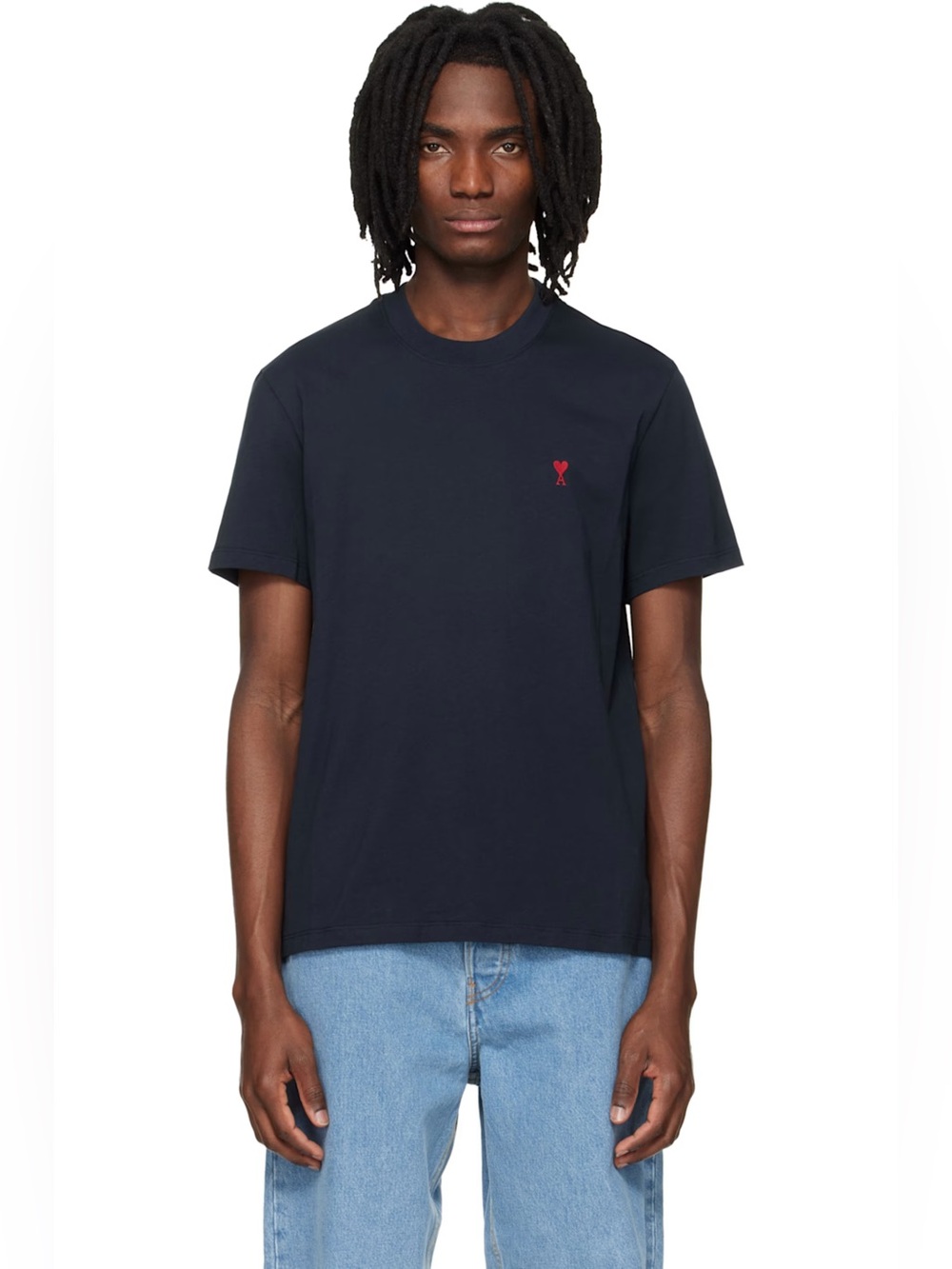 AMI PARIS Men's Cotton Red Ami de Coeur T-shirt Navy blue Short-Sleeve Crewneck
